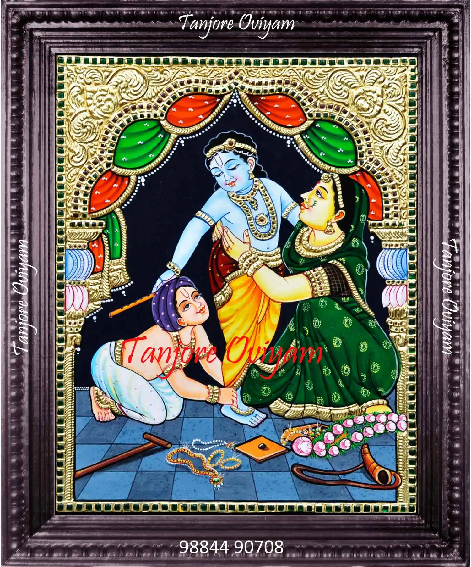 Traditional Krishna Yashodha Tanjore painting showing Yashoda guiding young Krishna with gold foil detailing
